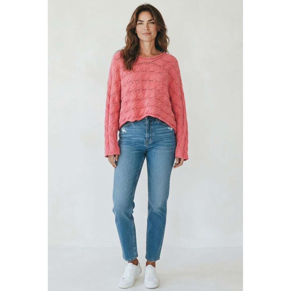 NWOT POL Womens Pink Cable Knit Oversized Sweater Boat Neck Textured Pullover Sm